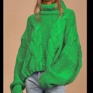 POL Morning Snowfall Cable Knit Turtleneck Crop Sweater Size L Green Cabincore
